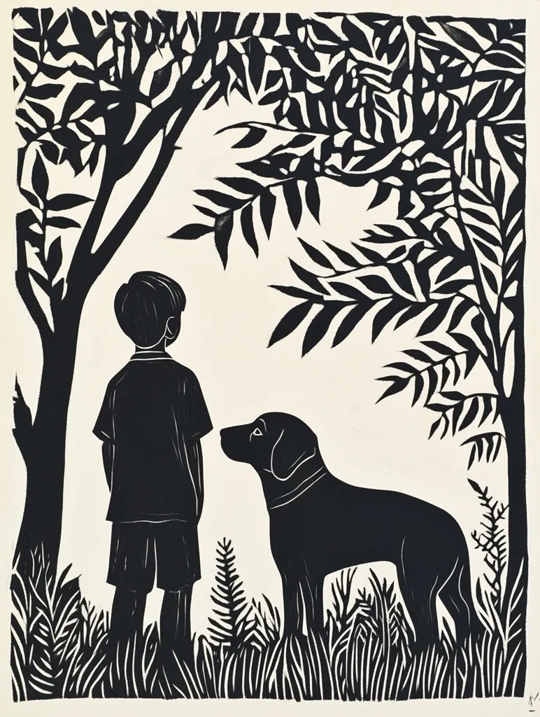 A black and white linocut depicts a young boy and a dog standing in tall grass under leafy trees. The style is stark and graphic, with bold black shapes against a cream background. The boy, wearing shorts and a t-shirt, stands facing the dog, which is positioned slightly to the side. The scene evokes a sense of quiet contemplation in nature.