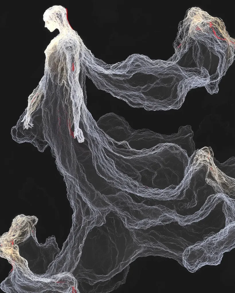 A digital artwork depicts a diaphanous, ethereal figure resembling a woman in a flowing gown.  The figure is rendered in shades of white and gray, with faint red lines suggesting veins or energy. The gown's fabric appears almost gaseous, with a wispy, net-like texture that trails and billows around the figure against a black background.  The overall effect is one of fluidity and otherworldliness.