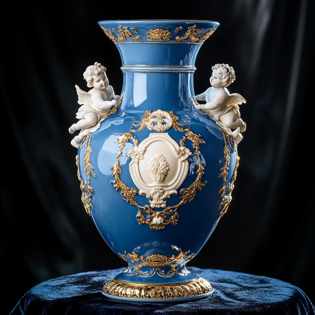 A stunning blue porcelain vase, adorned with ornate gold detailing and two cherubic figures on either side. The central motif features a relief carving, adding to the vase's luxurious appeal.  The rich blue and gold contrast beautifully, creating a piece that exudes elegance and sophistication. The vase sits majestically on a dark blue velvet surface.