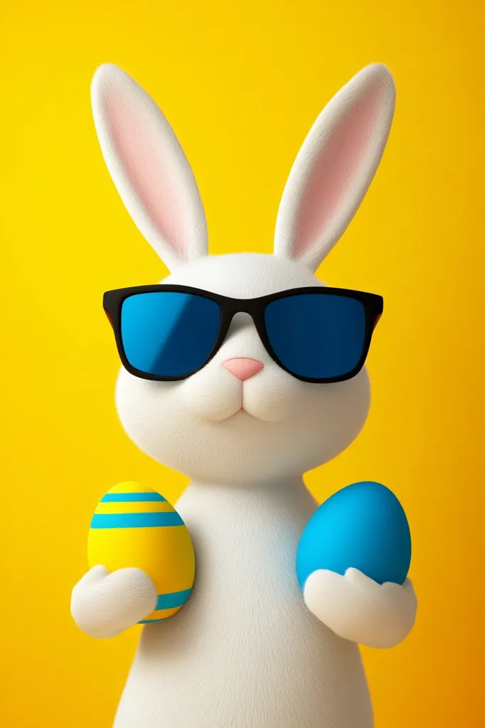 A cute, cartoon Easter bunny, sporting cool sunglasses, holds a yellow and blue Easter egg in each hand.  The bunny is white and fluffy, set against a vibrant yellow background.  Its expression is cheerful and relaxed, conveying a fun and festive Easter spirit.  The image is bright, playful, and perfect for seasonal greetings.