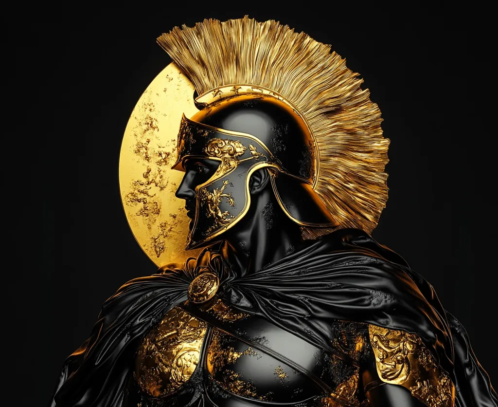 A dramatic bust of a Spartan warrior, rendered in black and gold.  The helmet features a prominent gold plume, and intricate gold detailing adorns the armor.  The warrior is depicted in profile, wearing a dark, flowing cape. The background is a deep black, emphasizing the metallic textures and regal appearance of the figure.  The image evokes a sense of ancient power and majesty.