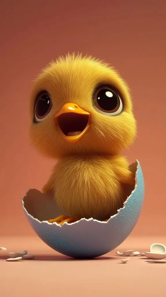 A fluffy, yellow chick with large, expressive eyes sits happily inside a broken light-blue eggshell.  Its beak is slightly open in a cheerful expression.  The chick is the focal point against a muted peach background.  Scattered eggshell fragments lie on the surface below. The image is a 3D rendering, showcasing a cute and appealing baby bird.