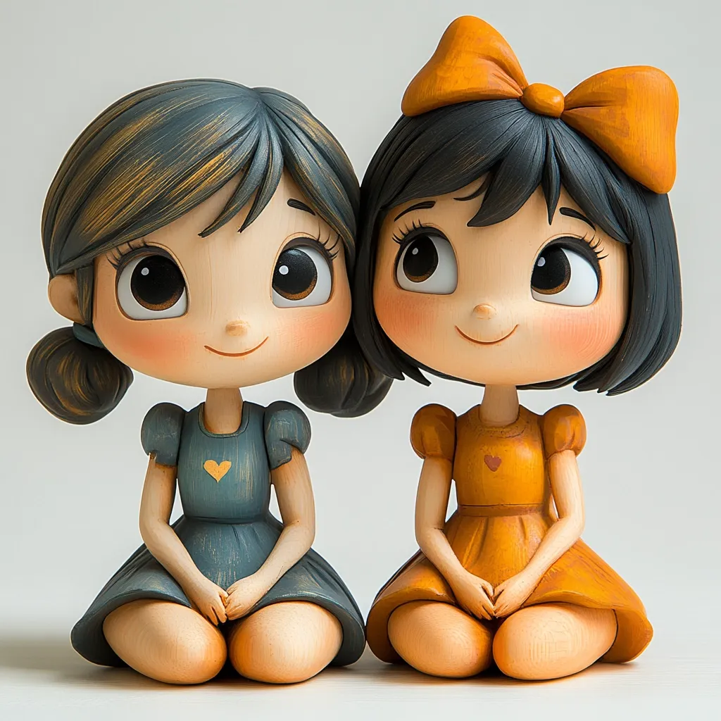Two adorable handcrafted dolls sit side-by-side, showcasing intricate details.  The doll on the left wears a slate-blue dress, while the doll on the right sports a mustard-yellow dress and an orange bow.  Both have large expressive eyes and rosy cheeks, creating a charming and friendly aesthetic.  Their seated poses and similar features suggest a close bond, perhaps representing friendship or sisterhood.