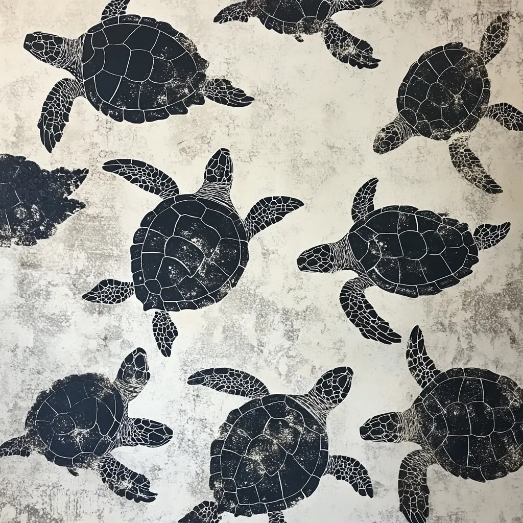 A textured off-white background features a repeating pattern of stylized sea turtles.  The turtles are depicted in dark gray-black silhouettes, appearing as if stamped onto the surface.  Their forms are slightly distressed, adding to the artistic effect. The composition is dynamic, with turtles positioned at various angles, creating a lively and visually appealing design.