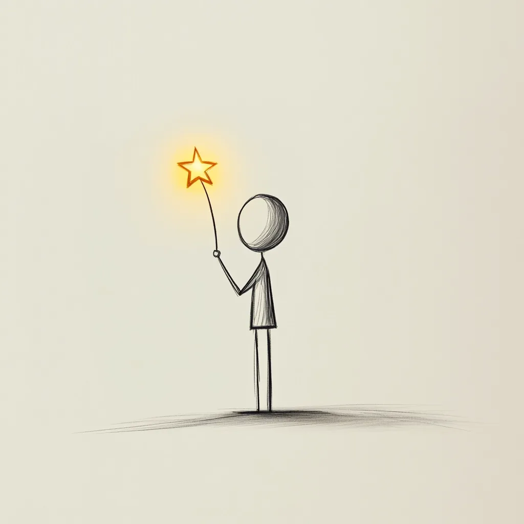 A simple sketch depicts a stick figure holding a glowing star on a stick.  The figure is drawn with minimal detail, emphasizing the simplicity of the concept. The glowing star suggests hope, aspiration, or the pursuit of a dream.  The overall image is minimalistic and evokes feelings of positivity and ambition.