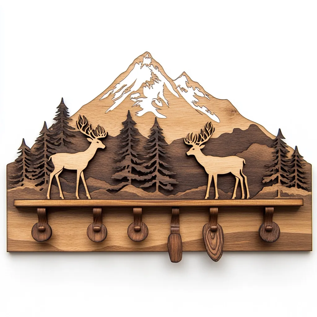 A rustic wooden key holder features a laser-cut mountain scene.  Two deer stand amidst a coniferous forest against a backdrop of a snow-capped mountain peak. The key holder has six hooks and a single larger hook at the bottom. The design is intricately detailed, showcasing a natural, woodland theme.  The wood tones vary, creating depth and visual interest.