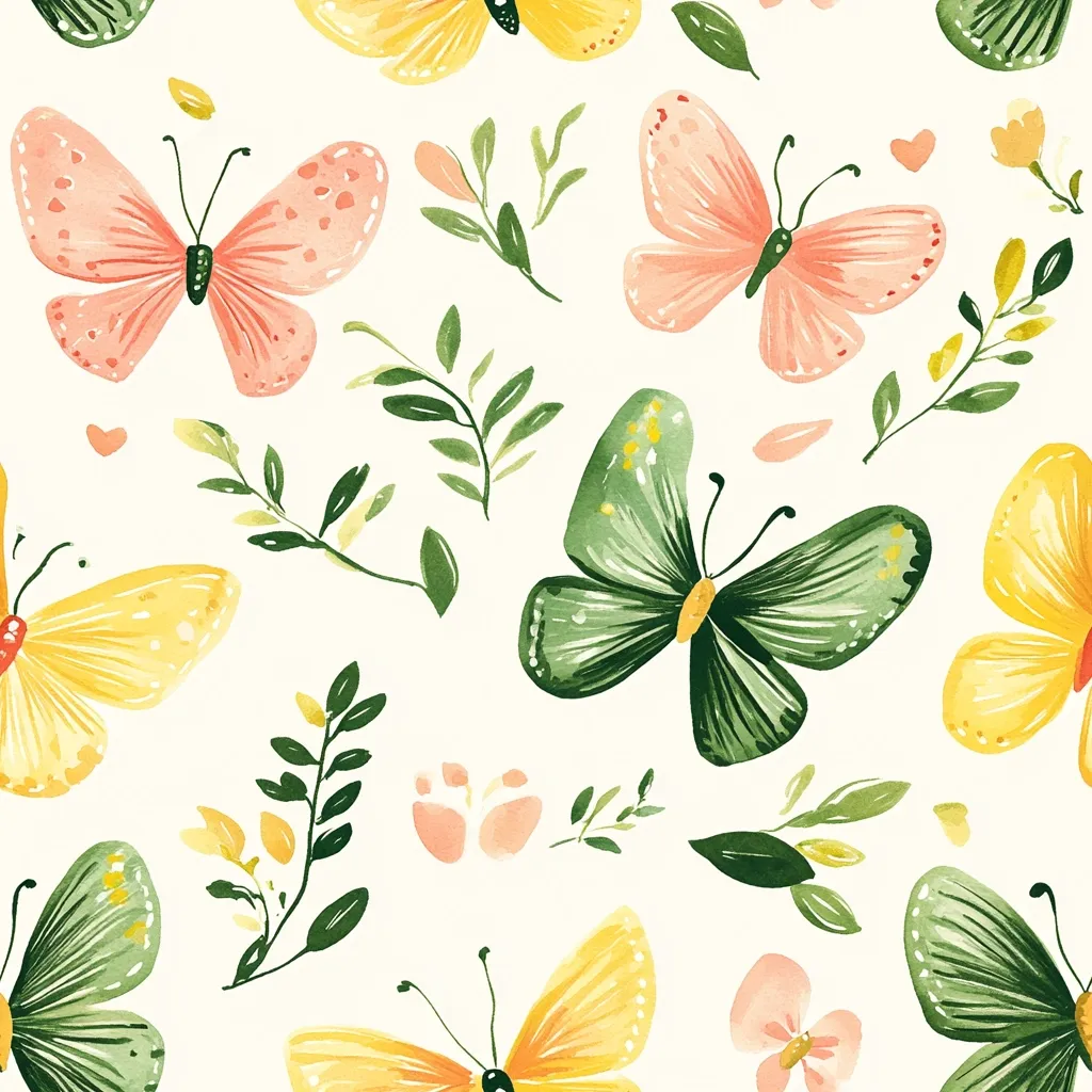 A whimsical watercolor pattern features colorful butterflies and delicate foliage against a white background.  Butterflies in shades of peach, yellow, and green are scattered across the design, interspersed with small sprigs of leaves and flowers. The style is cheerful and playful, ideal for fabric, wallpaper, or other decorative applications.  The overall effect is one of springtime vibrancy and gentle beauty.