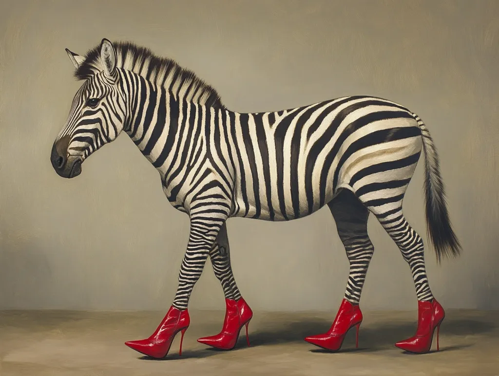 A painting depicts a zebra wearing bright red high-heeled boots. The zebra is rendered realistically, its stripes sharply defined against a muted beige background.  The contrast between the animal's wild nature and the sophisticated footwear creates a humorous and unexpected juxtaposition. The zebra strides confidently, its posture elegant despite the unusual attire.