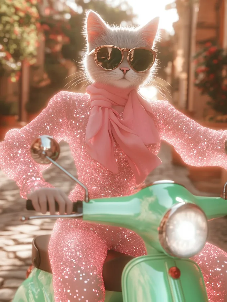 A stylish cat, wearing pink glitter jumpsuit, sunglasses, and a pink scarf, sits on a mint green scooter.  The cat's expression is confident as it grips the handlebars. The scene is set on a sun-drenched cobblestone street, with blurred buildings in the background, creating a whimsical, fashionable image.  The overall tone is bright and cheerful.