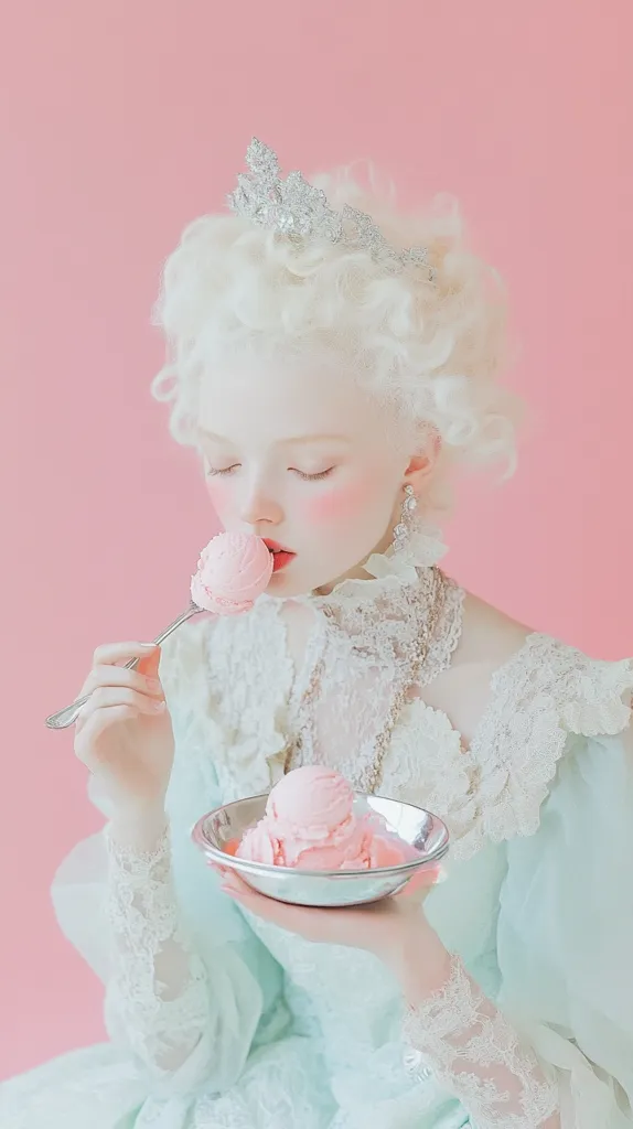 A young woman with pale skin and a voluminous white wig adorned with a silver tiara delicately holds a spoonful of pink ice cream to her lips. She's dressed in a light mint green gown with intricate lace detailing.  A silver bowl containing more pink ice cream rests in her hands. The pastel pink background enhances the ethereal and dreamy quality of the image.
