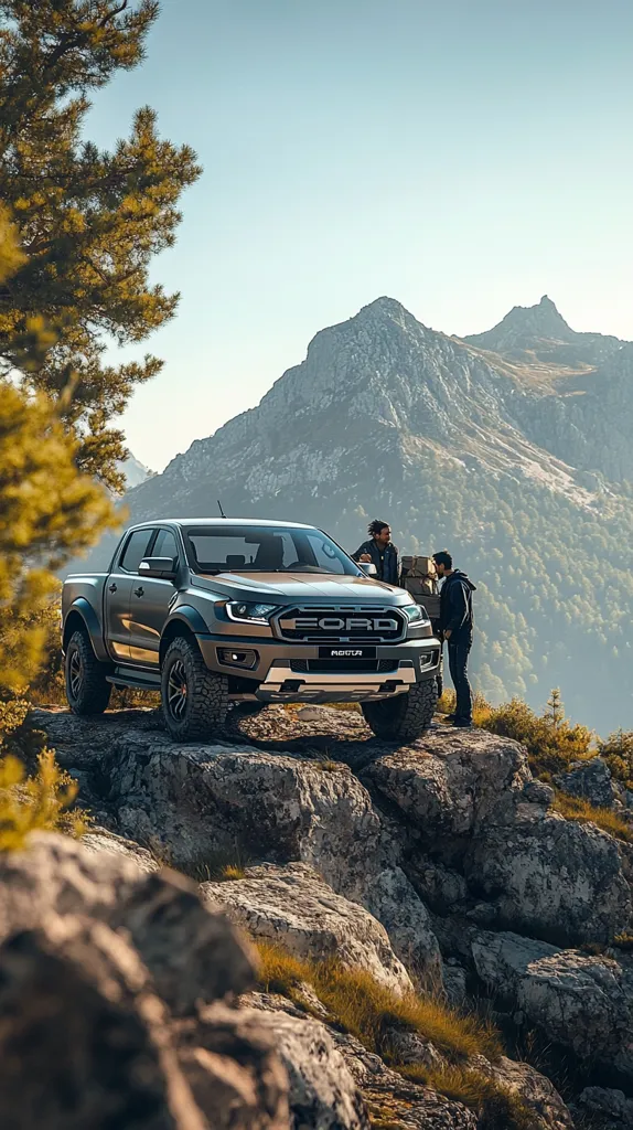 A dark gray Ford Ranger Raptor is parked on a rocky outcrop overlooking a mountain range. Two men stand near the truck, seemingly observing the vista. The rugged terrain and the powerful truck create a sense of adventure and exploration. The clear sky and distant mountains provide a dramatic backdrop.  The overall image evokes a feeling of freedom and the thrill of off-road driving.