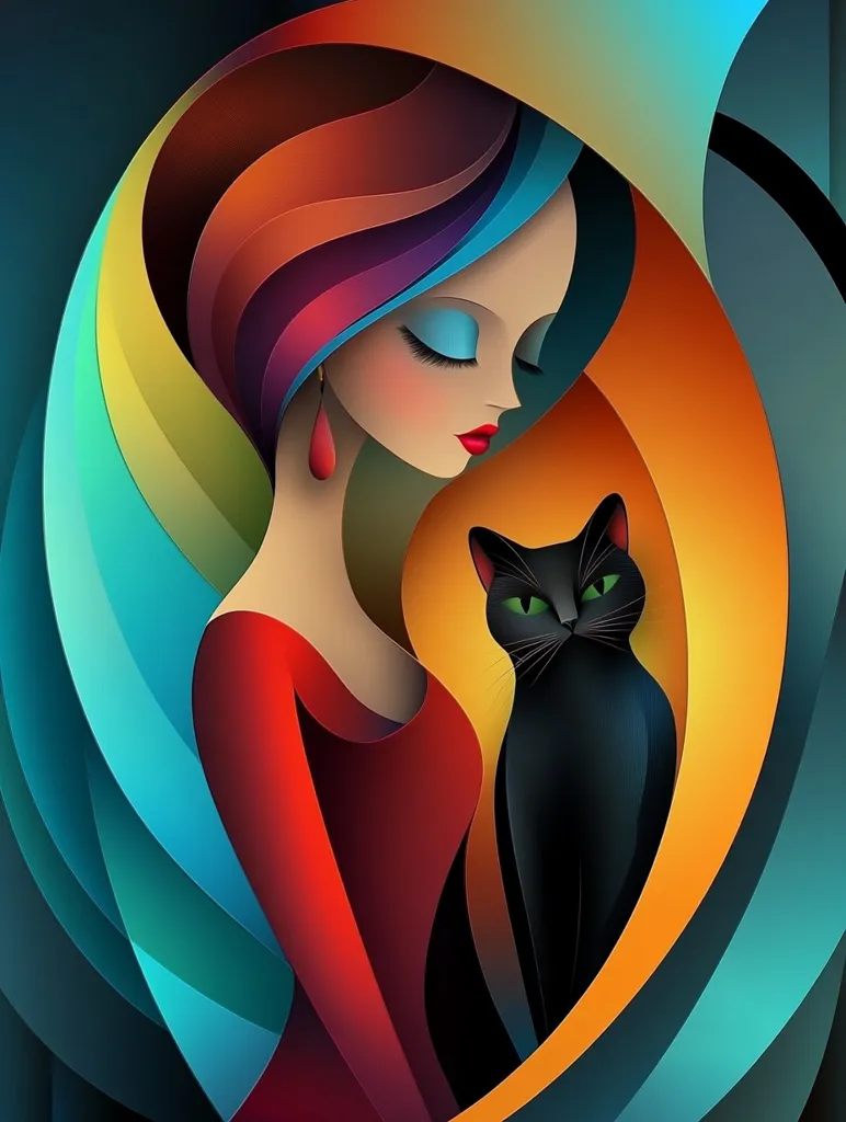 A stylized illustration depicts a woman with vibrant, rainbow-hued hair and a red dress.  She is positioned alongside a black cat with piercing green eyes. The artwork employs bold, abstract shapes and a limited color palette, creating a striking contrast between the woman's warm tones and the cat's dark silhouette. The overall style suggests a modern, artistic interpretation of a woman and her pet.