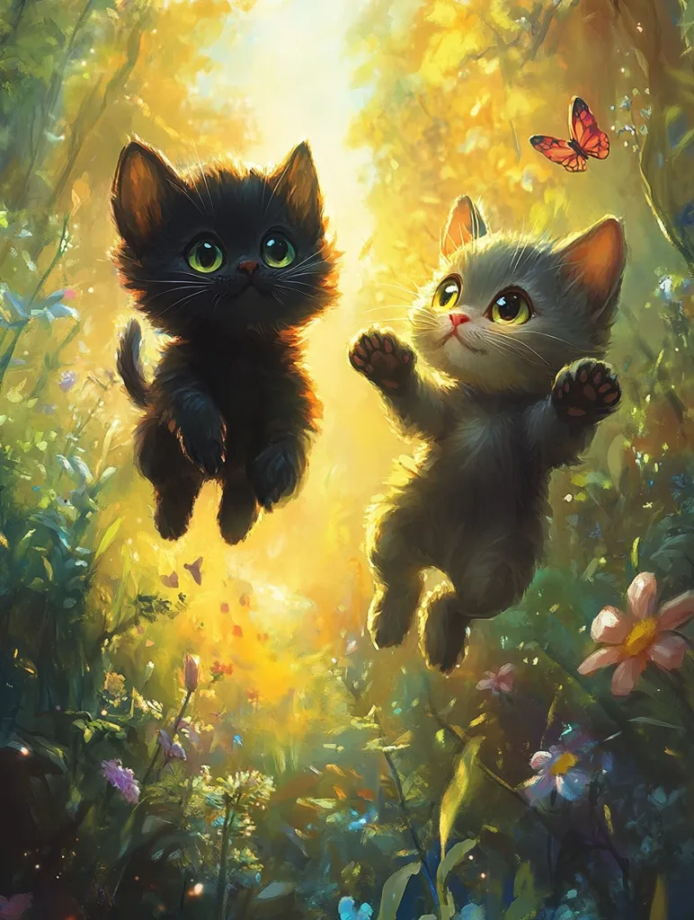 Two adorable kittens, one black and one gray, leap joyfully through a sun-dappled forest.  Surrounded by vibrant wildflowers and butterflies, they appear weightless and carefree.  The warm, golden light enhances the magical, whimsical atmosphere of the scene, creating a captivating image of playful feline innocence.