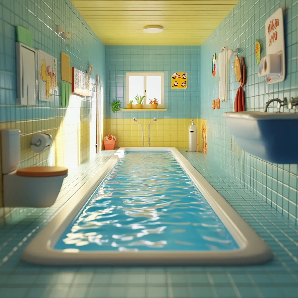 A whimsical bathroom features a long, narrow pool instead of a bathtub.  The room is tiled in pastel blues and yellows, with cheerful artwork and potted plants. Sunlight streams in through a window, illuminating the sparkling water.  A small toilet and sink complete the miniature-like scene, creating a playful and surreal atmosphere.