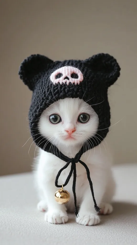 An adorable white kitten sits wearing a black knitted hat with bear ears and a pink skull design.  A small gold bell hangs from a black cord around its neck. The kitten's large, expressive eyes and tiny paws are endearing. The overall image is cute and playful, highlighting the kitten's charming appearance.