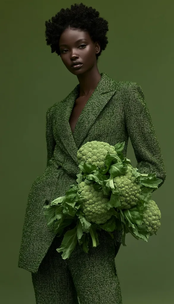 A Black woman with a short afro hairstyle models a green textured suit.  She holds a large bunch of Romanesco broccoli, creating a striking monochromatic image against a solid green background. The model's serious expression and the bold color palette create a sophisticated and stylish visual. The image is a study in texture and color coordination.