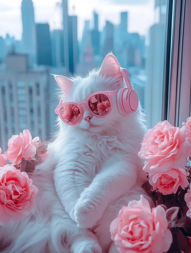 A fluffy white cat, wearing pink sunglasses and headphones, sits serenely amidst a bouquet of delicate pink roses.  The backdrop features a blurred cityscape, creating a soft, dreamy aesthetic. The overall image is pastel-toned and evokes a feeling of calm and tranquility.  The cat appears relaxed and content, enjoying its peaceful surroundings.