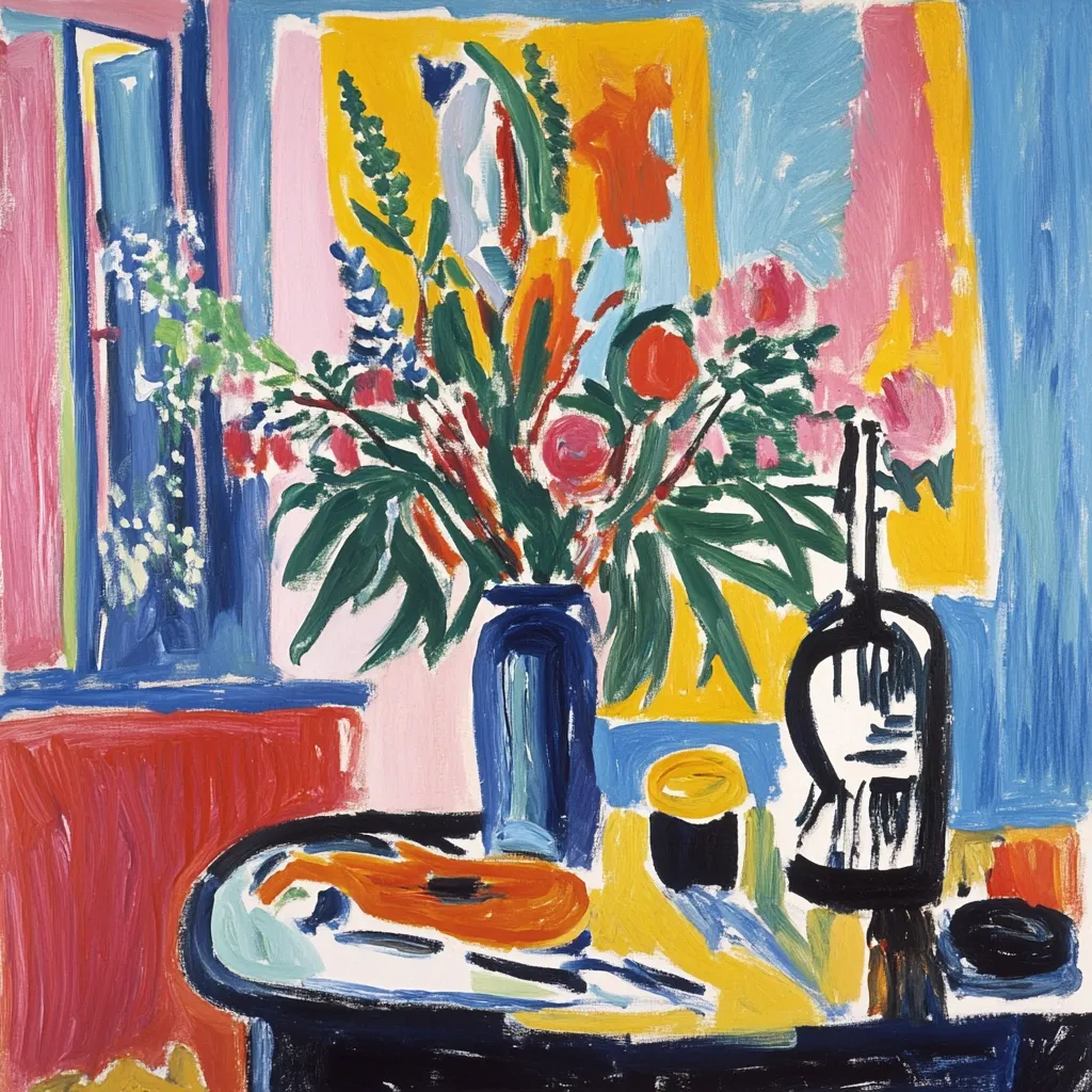 A vibrant still life painting features a vase of colorful flowers as the centerpiece, set against a backdrop of bold, contrasting colors.  A dark bottle and a small, round object rest on a table beside the vase.  The artist utilizes broad, expressive brushstrokes and a limited palette of bright hues, creating a dynamic and joyful composition.  A glimpse of a window is visible in the background, adding depth to the scene.
