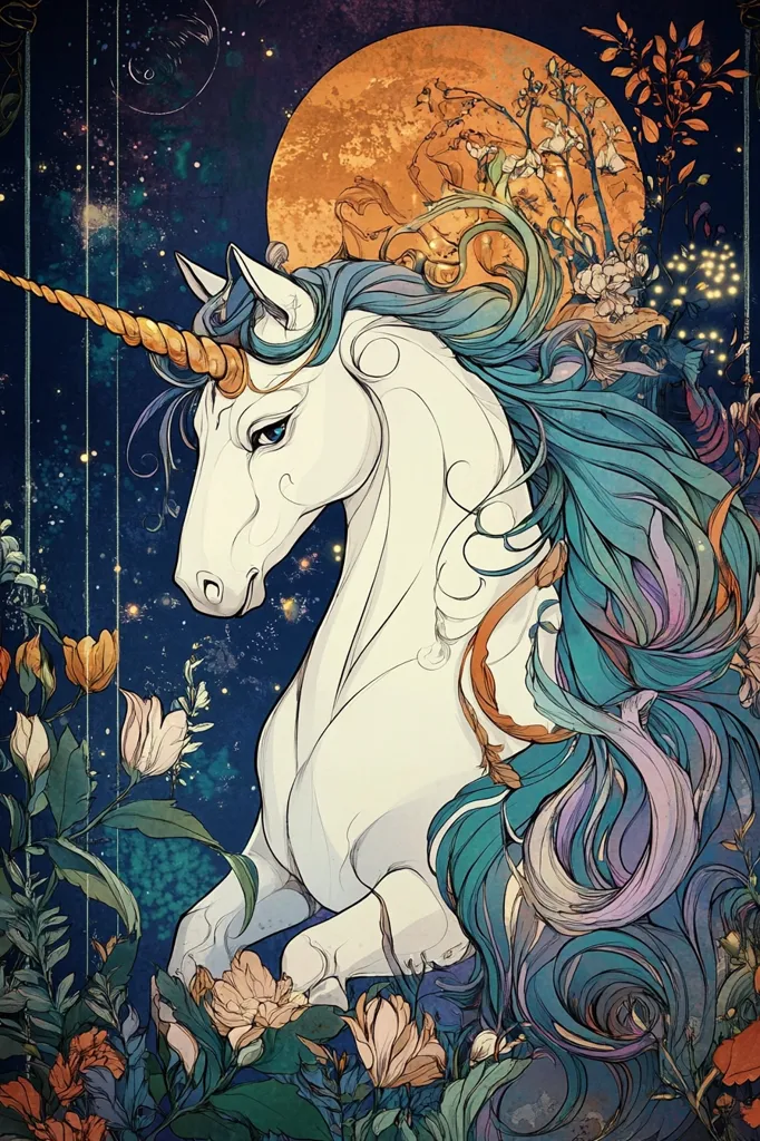 A majestic unicorn, its coat gleaming white, is depicted amidst a vibrant nocturnal garden.  Its long, flowing mane and tail are a mesmerizing blend of teal, purple, and blue. A large, orange moon hangs in the starry sky above, casting a warm glow on the scene. Delicate flowers and foliage surround the unicorn, creating a mystical and enchanting atmosphere.  The artwork uses a detailed, artistic style with a dreamlike quality.