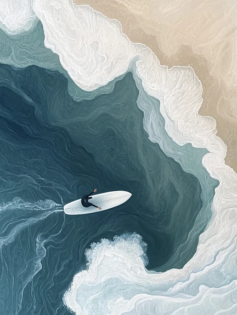 An aerial view depicts a surfer on a white surfboard in teal ocean water.  The waves form a swirling pattern around the surfer, contrasting with the calmer, sandy beach visible in the upper right. The artist's style is painterly, creating a textured and dreamlike effect, highlighting the beauty of the ocean and the solitary figure within it.  The colors are muted and calming, predominantly blues, teals, and whites.
