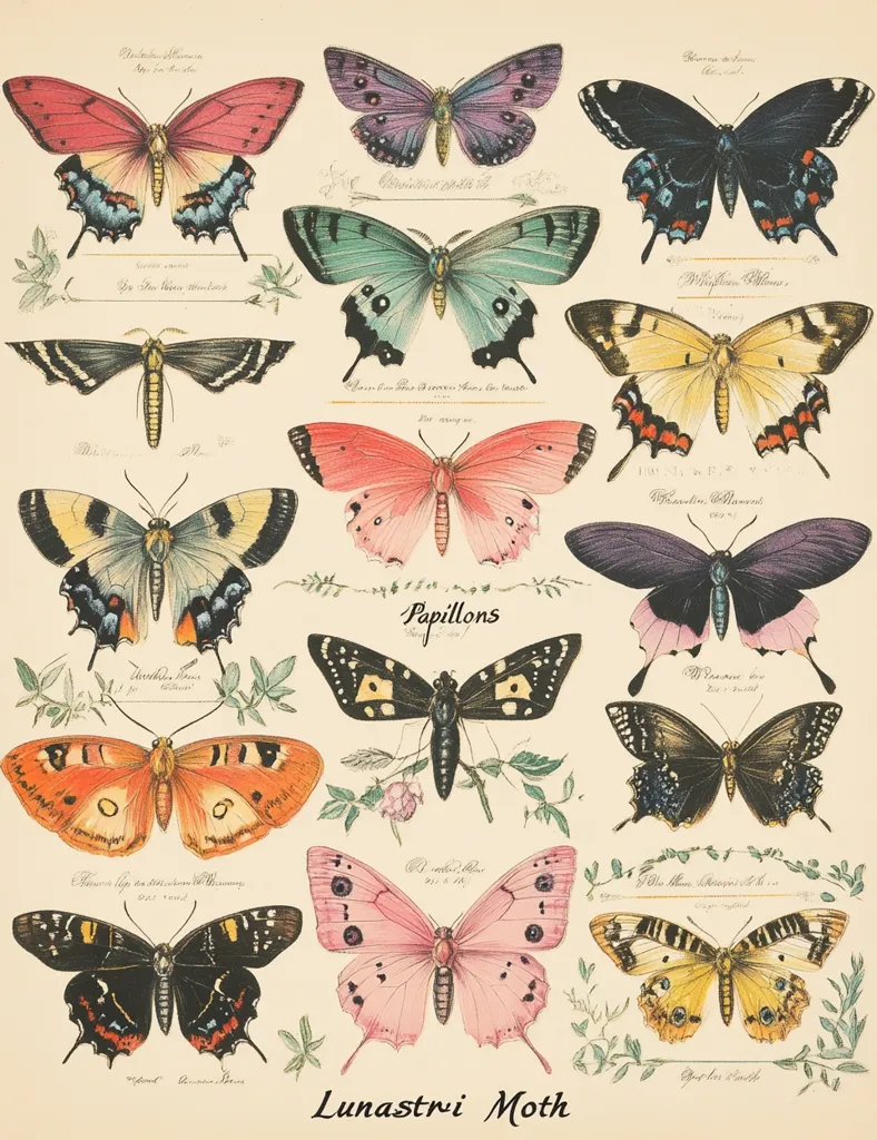 A vintage botanical illustration showcases a diverse collection of butterflies and moths.  Detailed drawings depict various species, each labeled with scientific names.  The image is organized in rows, featuring butterflies in a range of colors and wing patterns, including pink, teal, orange, and black.  The aesthetic is reminiscent of antique natural history prints, with delicate floral embellishments between the insect illustrations. "Papillons" and "Lunastri Moth" are elegantly scripted at the center and bottom.