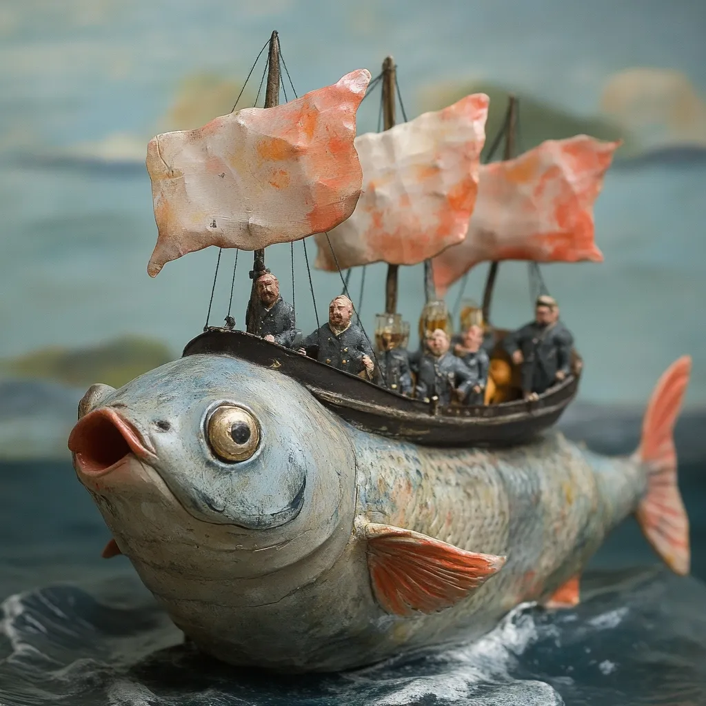 A whimsical sculpture depicts a large fish carrying a small sailboat.  The boat, with peach-colored sails, is crewed by miniature figures. The fish is realistically detailed, with expressive eyes and an open mouth, while the boat appears aged and weathered. The scene suggests a fantastical journey across a stylized sea. The overall aesthetic is artistic and slightly surreal.