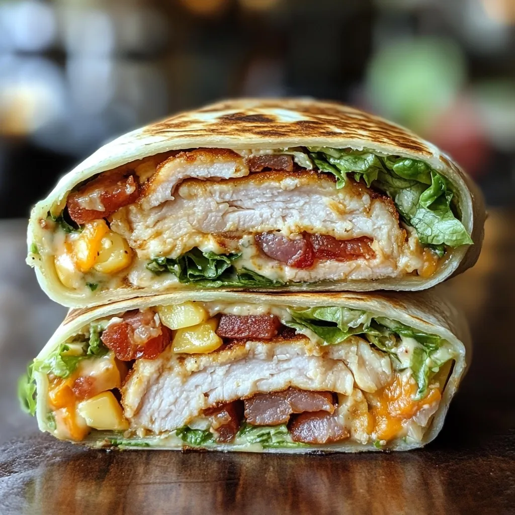 A delicious-looking double-decker wrap is shown in the image.  The wrap is filled with crispy fried chicken, corn, diced tomatoes, lettuce, and a creamy sauce.  The tortilla is toasted to a golden brown. The two halves of the wrap are stacked on top of each other, revealing the generous filling.  It sits on a dark wooden surface, enhancing the food's appetizing appearance.