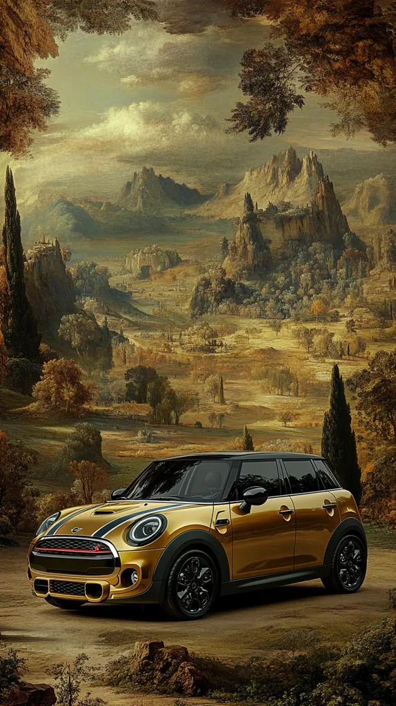 A gold Mini Cooper sits in a picturesque landscape reminiscent of a classical painting.  The car is sharply in focus against a softly rendered background of rolling hills, rocky outcrops, and lush greenery under a cloudy sky.  The scene blends the modern vehicle with an idyllic, almost fantastical, setting. The overall style is serene and slightly surreal.