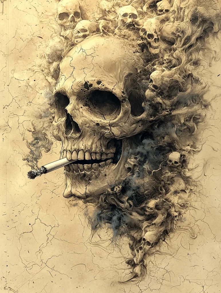 A large, detailed skull dominates the sepia-toned artwork, a cigarette held delicately in its decaying jaw.  Surrounding the main skull is a swirling mass of smaller skulls and smoky tendrils, creating a chaotic yet artistic depiction of mortality and decay. The textured background resembles aged parchment, enhancing the overall antique and macabre aesthetic.