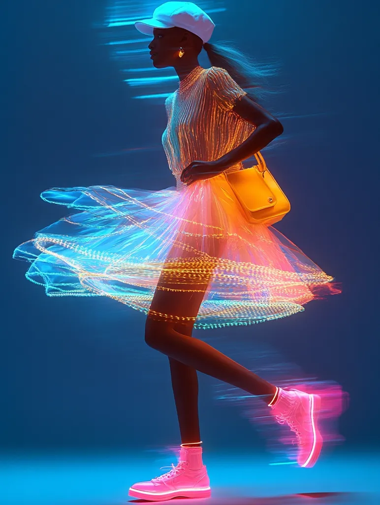 A stylized image of a dark-skinned model in motion. She wears a white cap, a luminous, sheer top and skirt, pink high-top sneakers, and carries a mustard-yellow handbag.  The background is a vibrant blue, and streaks of light suggest movement, enhancing the futuristic aesthetic of the outfit and the overall scene.  The image is dynamic and visually striking.