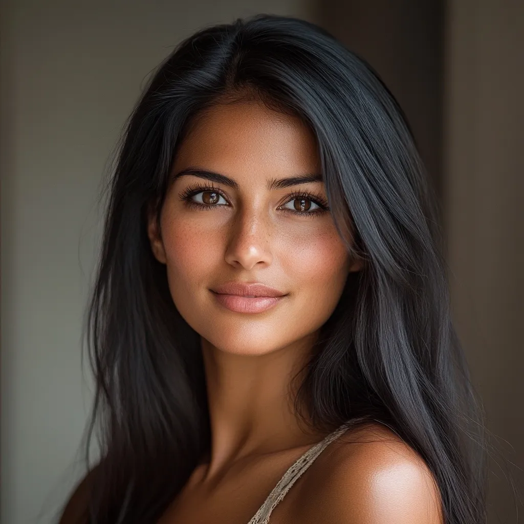 A close-up portrait of a woman with long, dark brown hair. She has tan skin,  brown eyes, and a warm, subtle smile. Her makeup is natural and enhances her features.  The background is blurred, drawing focus to her face and creating a soft, elegant feel.  She is wearing a light-colored, sleeveless top.