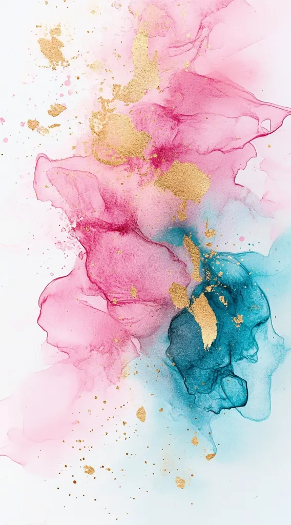 An abstract artwork featuring a blend of pink and teal watercolor washes.  Gold flecks are scattered throughout the piece, adding a touch of shimmer and luxury. The colors flow organically, creating a dreamy and ethereal effect. The composition is visually appealing, with a soft and delicate feel.