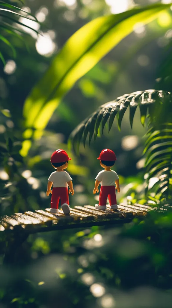 Two small figurines, wearing red hard hats and red pants, walk away from the camera on a wooden walkway.  They are surrounded by lush green tropical foliage in a sun-dappled setting. The scene evokes a sense of adventure and exploration in a vibrant natural environment.  The focus is sharply on the figures, contrasting with the soft-focus background.