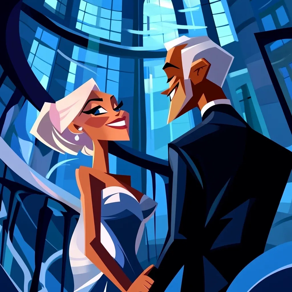 A stylized illustration depicts a glamorous couple, possibly at a formal event.  The woman, with platinum blonde hair and a light blue strapless gown, gazes lovingly at her older, silver-haired male companion in a dark suit.  They stand on a grand staircase within a modern, glass-walled building, the blue tones of the architecture complementing her dress. The art style is sharp and angular, with bold colors and simplified forms.