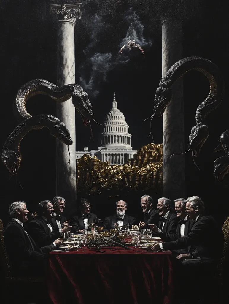 A dark, dramatic painting depicts a lavish dinner party of powerful men seated at a long table, set against a backdrop of the US Capitol building.  Two large snakes flank the scene, symbolizing corruption or malevolence.  A shadowy figure hangs in the air above, suggesting a higher power or unseen influence.  The overall atmosphere is one of opulent decadence and ominous foreboding.  Gold coins pile behind the table, hinting at wealth and possible ill-gotten gains.