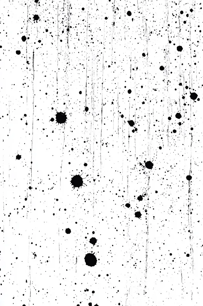The image shows a white background speckled with black ink splatters of varying sizes.  The splatters are irregularly distributed, with some areas denser than others.  Vertical streaks of black ink also run down the image, adding texture and depth. The overall effect is one of randomness and expressiveness, suggestive of an abstract art piece or a textured background.