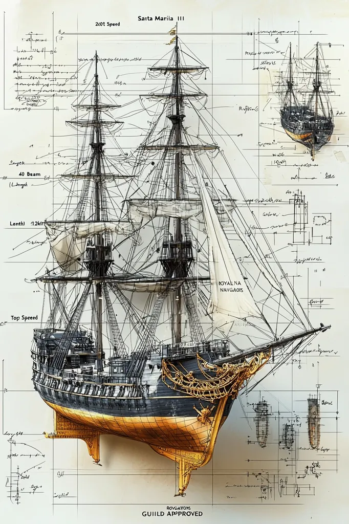 A detailed blueprint of the "Santa Maria III" ship is displayed, showcasing its design specifications.  The illustration includes the ship's length, beam, top speed, and various technical details.  The ship is depicted in a three-quarter view, revealing intricate details of its masts, sails, and hull.  The overall style suggests a blend of technical drawing and artistic rendering, indicating the ship's Royal Navy affiliation.