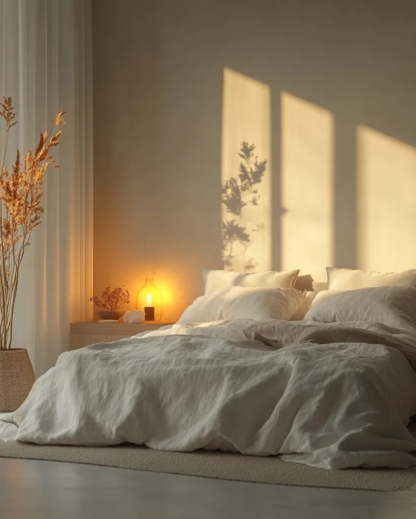 A minimalist bedroom bathed in warm sunlight.  A bed with a white linen duvet and pillows is centered, illuminated by a small, warm-toned lamp on a bedside table. Dried flowers in a basket add a touch of natural texture.  The sunlight casts shadows of plants on the wall, creating a serene and peaceful atmosphere.