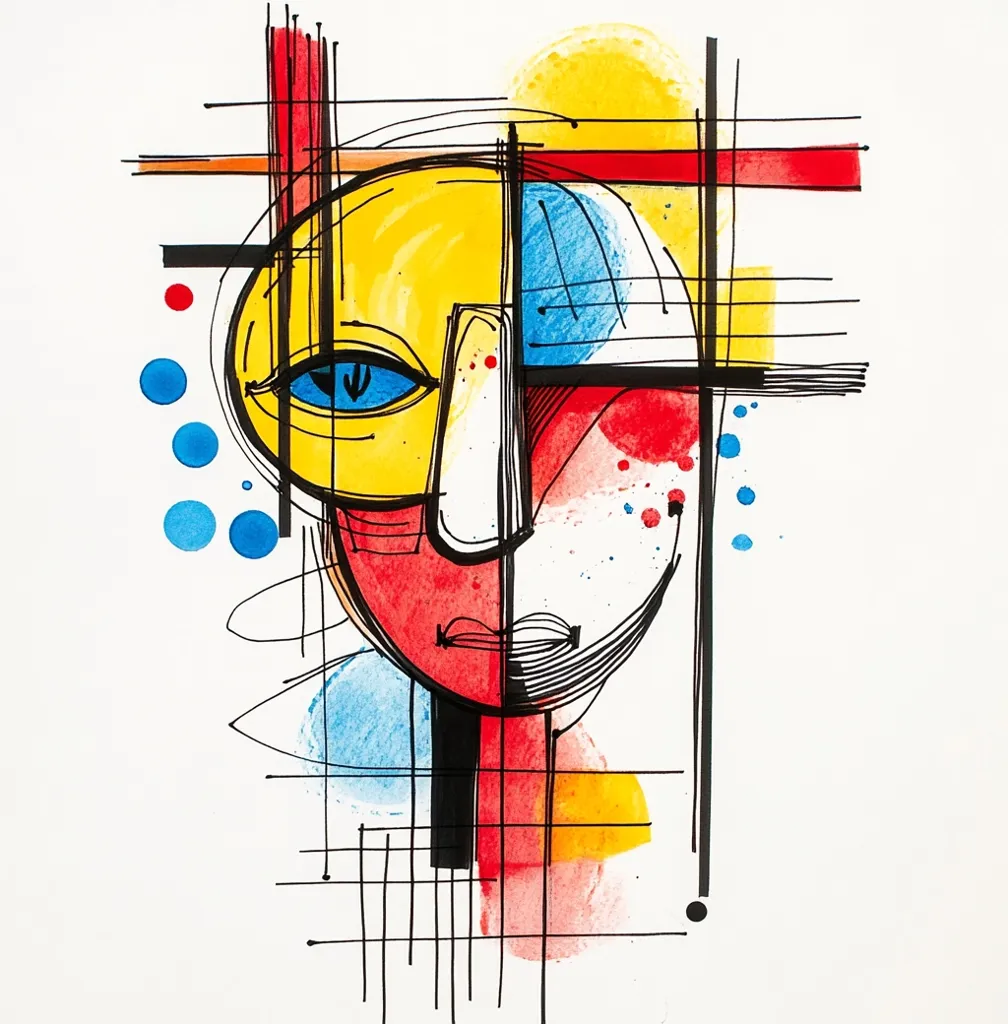 An abstract portrait is rendered in bold primary colors and black ink lines.  The face is fragmented into geometric shapes—yellow, red, and blue— creating a cubist effect.  Overlapping lines and circles add depth and dynamism.  The style suggests a blend of modern art influences with a bold, expressive quality.  The overall feeling is one of vibrancy and energy.