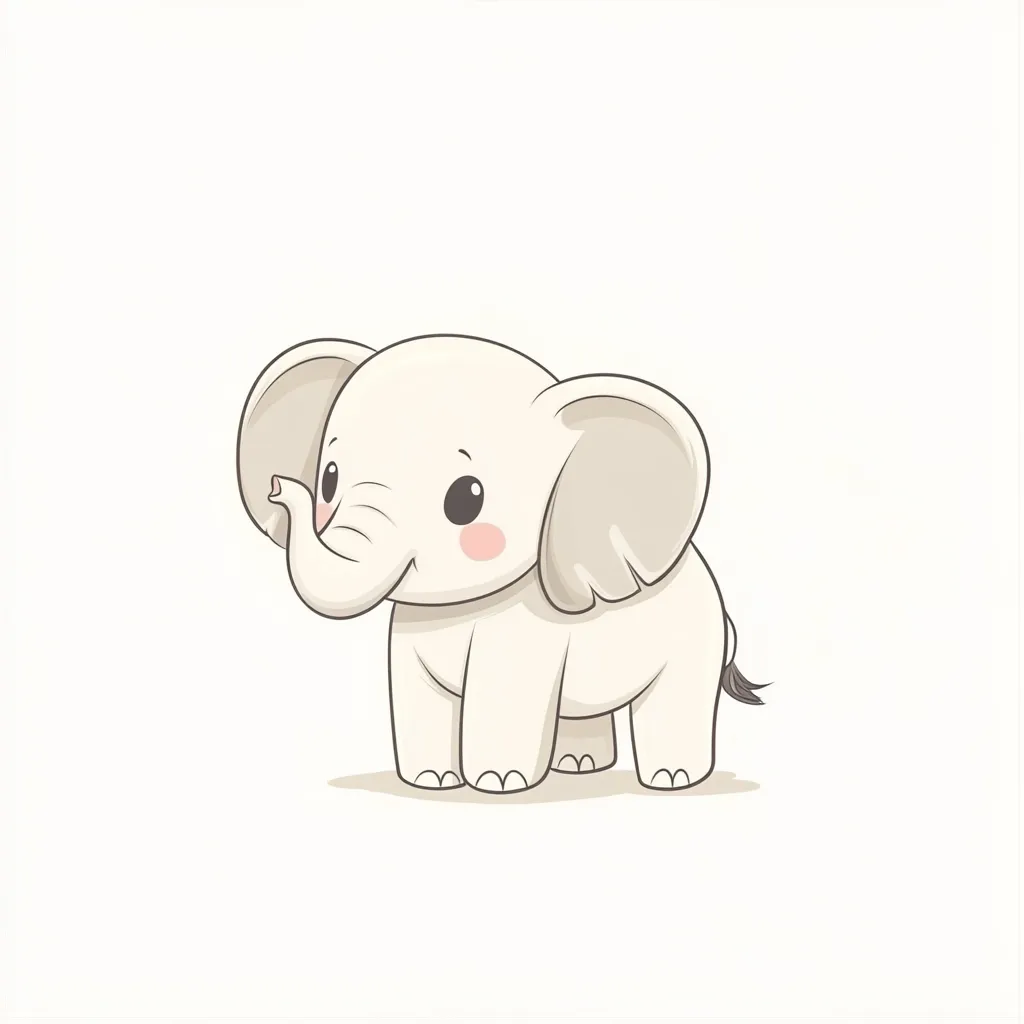 An adorable cartoon baby elephant is depicted.  It's creamy white with large, floppy ears and big, expressive eyes. Its trunk is curled slightly, and a small tail is visible. The elephant is drawn in a simple, cute style, perfect for children's illustrations or designs.  It stands on a plain white background.
