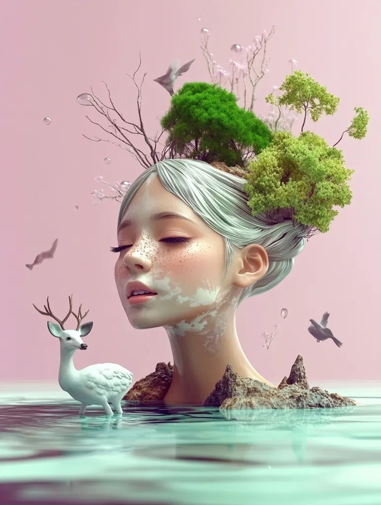 A serene digital artwork depicts a woman's head emerging from tranquil water.  Her silvery hair is adorned with miniature trees, delicate branches, and small birds. A white deer stands peacefully beside her. The overall aesthetic is dreamlike and ethereal, blending elements of nature and fantasy.  The pale pink background enhances the peaceful atmosphere.