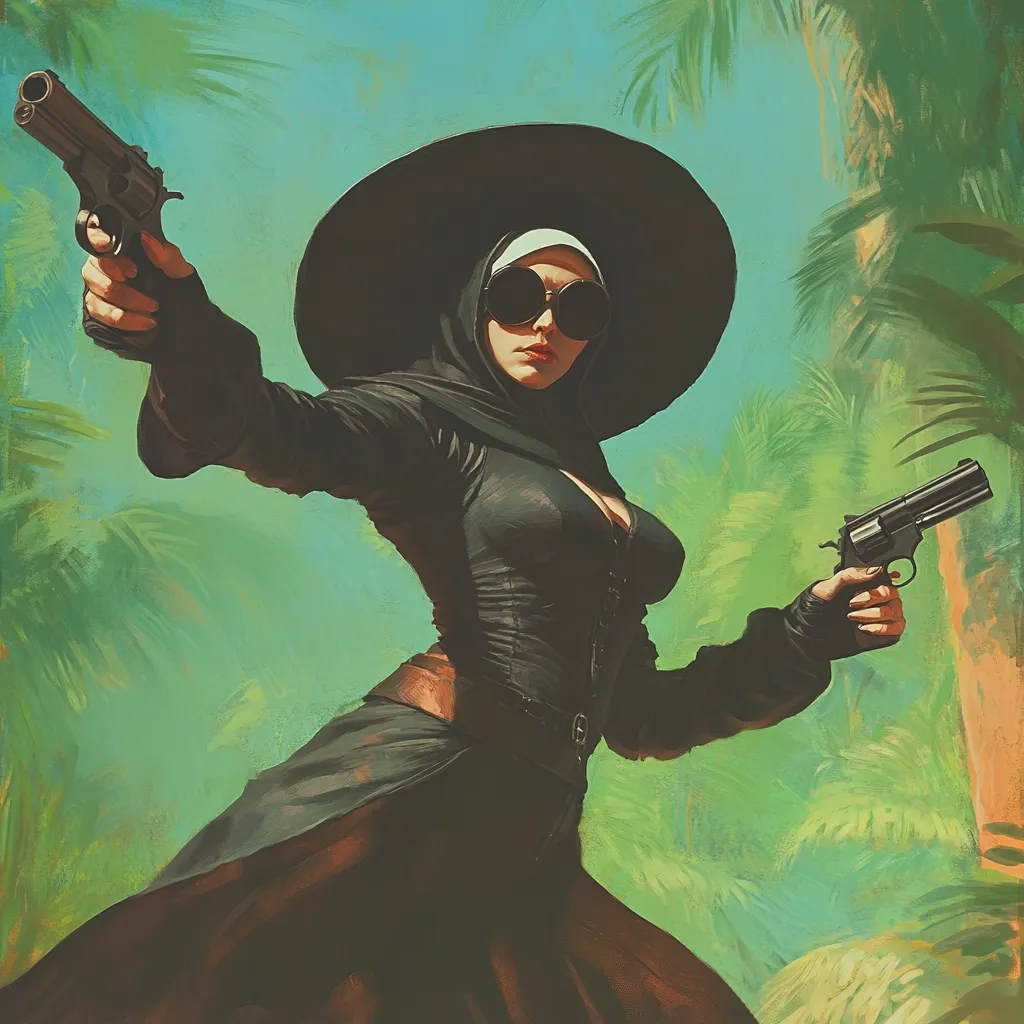A striking illustration depicts a nun, clad in a black dress and wide-brimmed hat, wielding two revolvers.  She sports aviator sunglasses and a determined expression.  The background features a vibrant, tropical landscape of palm trees under a teal sky, creating a stark contrast between the serene setting and the armed figure. The artwork’s style is painterly, with visible brushstrokes contributing to its dramatic effect.