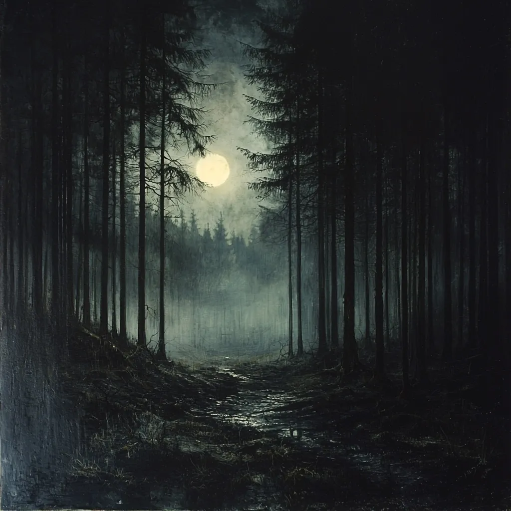 A dark, moonlit forest scene. Tall, slender trees line a muddy path leading into the shadowy depths. A full moon hangs in the sky, casting a pale glow on the misty atmosphere. The overall mood is somber and mysterious, evoking a sense of quiet solitude and perhaps a touch of unease. The painting's dark palette emphasizes the nocturnal setting, creating a haunting yet beautiful image.
