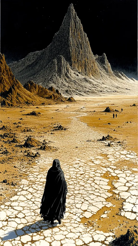 A lone figure, cloaked in black, walks a cracked, desert path toward a towering, jagged mountain under a dark sky.  The path winds through a desolate, arid landscape.  Small, distant figures are visible, suggesting a journey or pilgrimage. The scene evokes a sense of isolation and vastness in a harsh, alien environment.