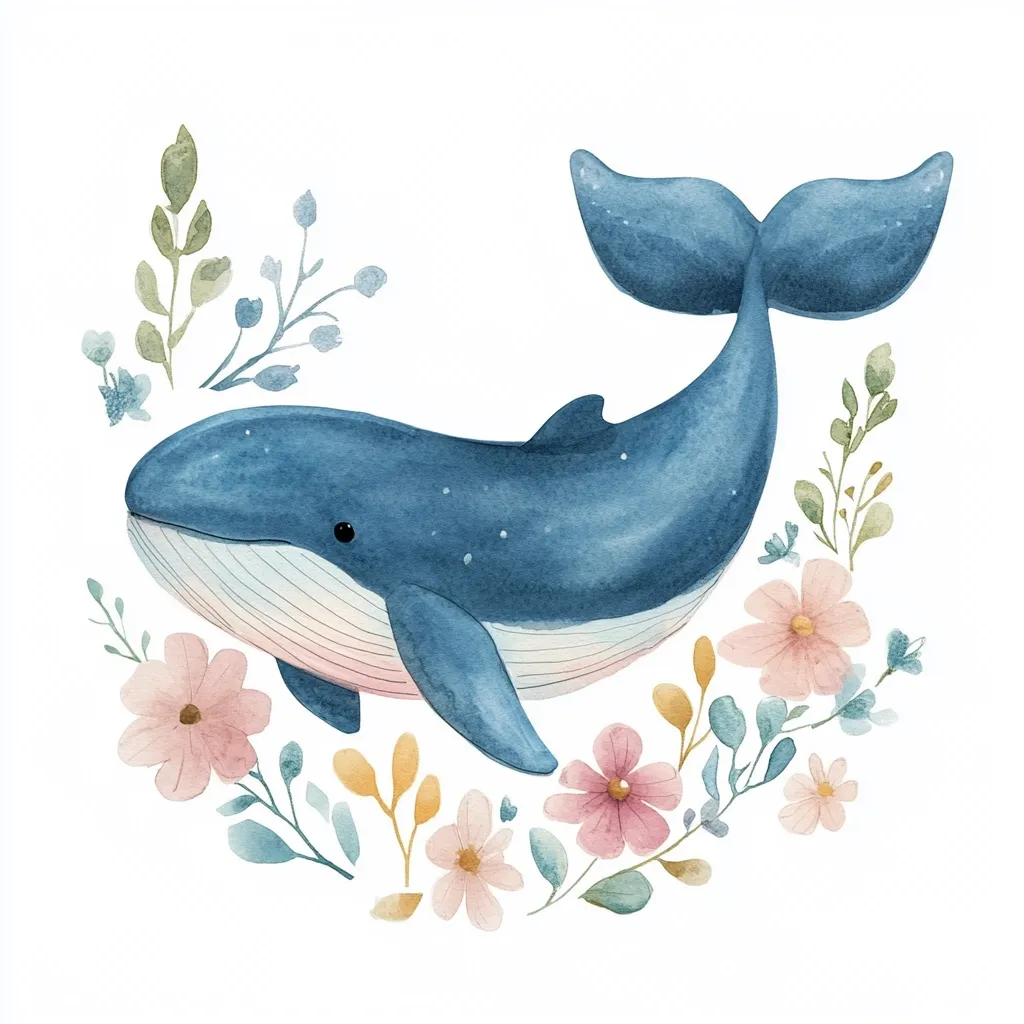 A watercolor illustration depicts a charming humpback whale surrounded by a delicate wreath of pastel flowers and greenery. The whale, rendered in soft blues and grays, is positioned centrally, its gentle expression and detailed features adding to its endearing quality. The floral arrangement creates a soft, whimsical frame, enhancing the overall peaceful and serene ambiance of the artwork. The style is reminiscent of children's book illustrations, perfect for nursery decor or greeting cards.