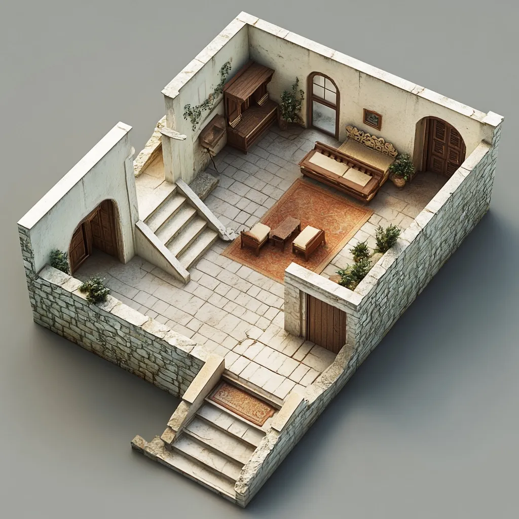 A bird's-eye isometric view reveals a meticulously detailed interior.  Stone walls and tiled floors define a courtyard-like space furnished with a wooden couch, chairs, and a cabinet.  Stairs lead to upper and lower levels, and potted plants add touches of green.  The architectural style suggests a Mediterranean or Middle Eastern influence, with arched doorways and simple, elegant design elements.  The overall impression is one of quiet, rustic charm.