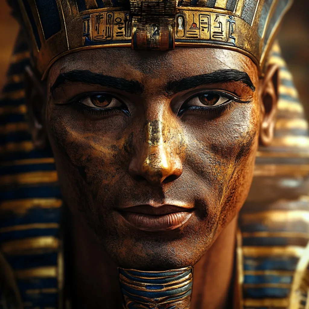 A close-up depicts a man adorned in ancient Egyptian regalia.  His face is partially painted gold, accentuating his dark eyes and strong features.  He wears the iconic double crown of pharaohs, intricately detailed with hieroglyphs. The image evokes a sense of power and mystery, reminiscent of ancient Egyptian royalty. The rich, dark tones emphasize the textures of the crown and the man's skin.