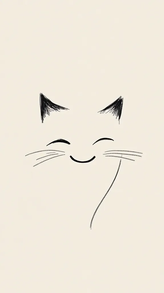 A minimalist drawing of a cat's face.  The cat has simple, slightly pointed ears and a small, smiling mouth.  Its whiskers are delicately sketched, adding to its charming and cheerful expression. The overall style is clean and understated, with a focus on conveying a sense of happiness. The background is a muted beige, enhancing the black ink lines of the cat.