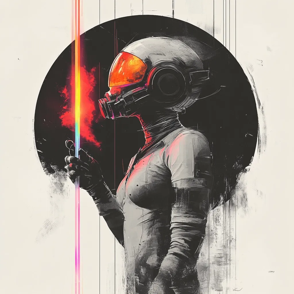 A stylized illustration depicts a woman in a futuristic spacesuit, helmet, and gloves.  She holds a vibrant, multicolored beam of light emanating from a rod. The background is a dark circle on a light, textured canvas, creating a striking contrast. The woman's pose is contemplative, and the overall mood is one of science fiction mystery and intrigue.  The art style combines digital painting techniques with a gritty, textured aesthetic.