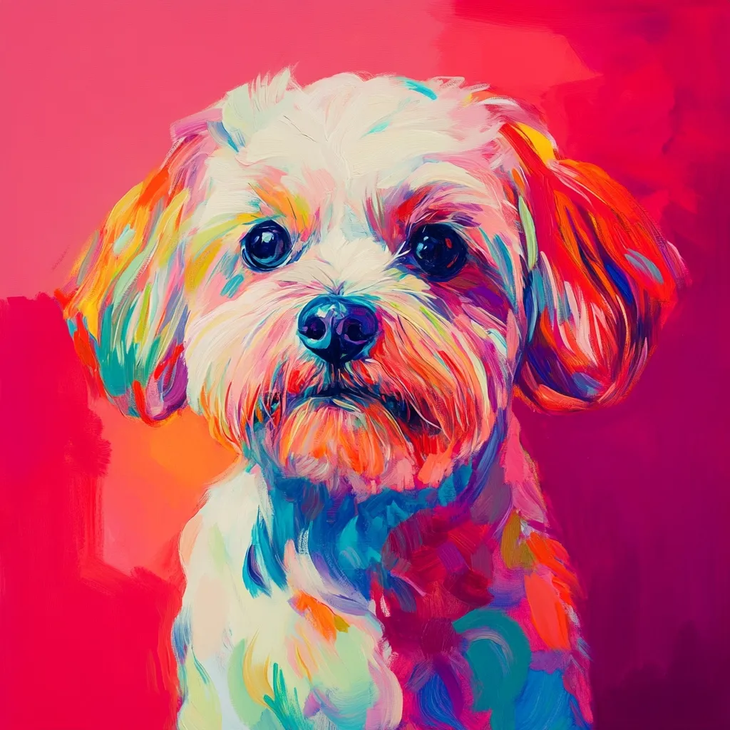 A vibrant, colorful painting of a small, fluffy white dog against a hot pink background. The dog's fur is depicted with expressive strokes of bright colors, including oranges, yellows, blues, and greens, creating a dynamic and joyful mood. The artist's style is bold and expressive, capturing the dog's sweet expression and soft fur with energetic brushwork. The overall effect is a modern and eye-catching piece.